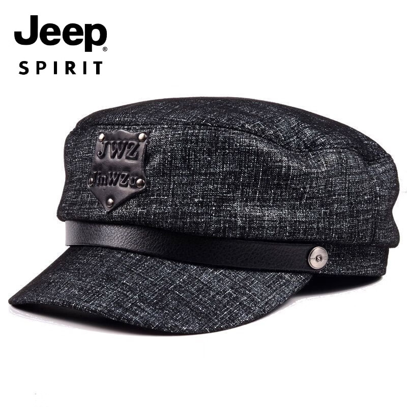 JEEP羊皮真皮帽子潮鸭舌男女平顶朋克秋冬季军帽英伦中老年人机车冬天 黑色羊皮 M 大码XXL(适合59-60c围)