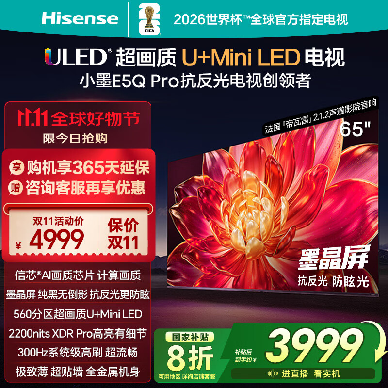海信电视小墨E5Q Pro65英寸 560分区U+MiniLED 信芯芯片 抗反光防眩光墨晶屏 300Hz 国家补贴65E5Q-PRO