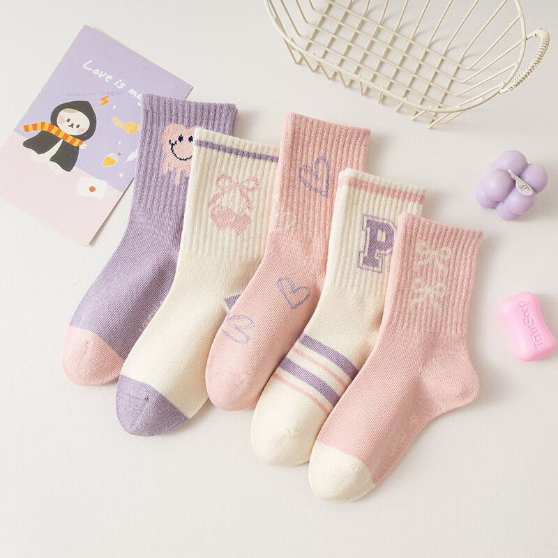 caramella儿童袜男童女童棉袜亲肤透气中筒袜休闲舒适小中大童袜子 女童字母款5色 5双 9-12岁 (XL)