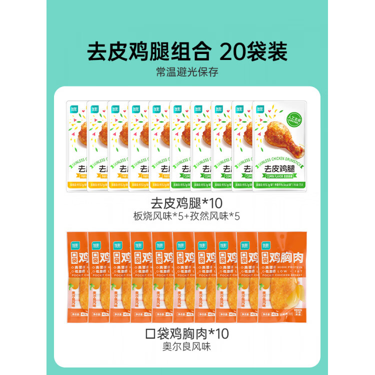 優(yōu)形去皮雞腿高蛋白卡休輕代餐即食健身食大雞腿解饞減充饑雞肉 去皮雞腿10袋兩口味各5袋+10袋口袋奧爾良