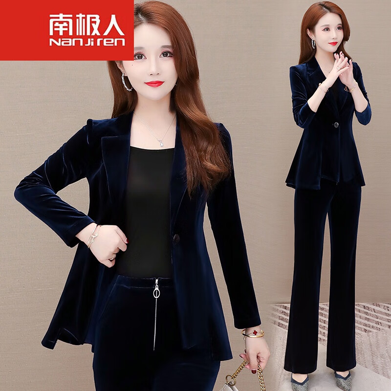 金丝绒套装女2023年新款中年女士时尚气质感轻熟风西装两件套 藏蓝色