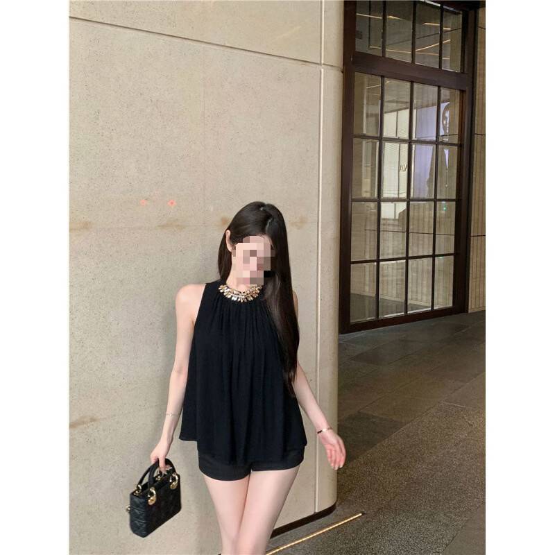 【现货现发】黑色挂脖无袖雪纺衫女夏季新款重工钻链宽松显瘦小衫 黑色雪纺衫 M