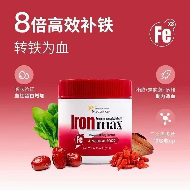 麦治迅富铁软糖儿童女性贫血补气血孕妇孕期补铁进口含维C高效补铁 45粒*3【正品保障】