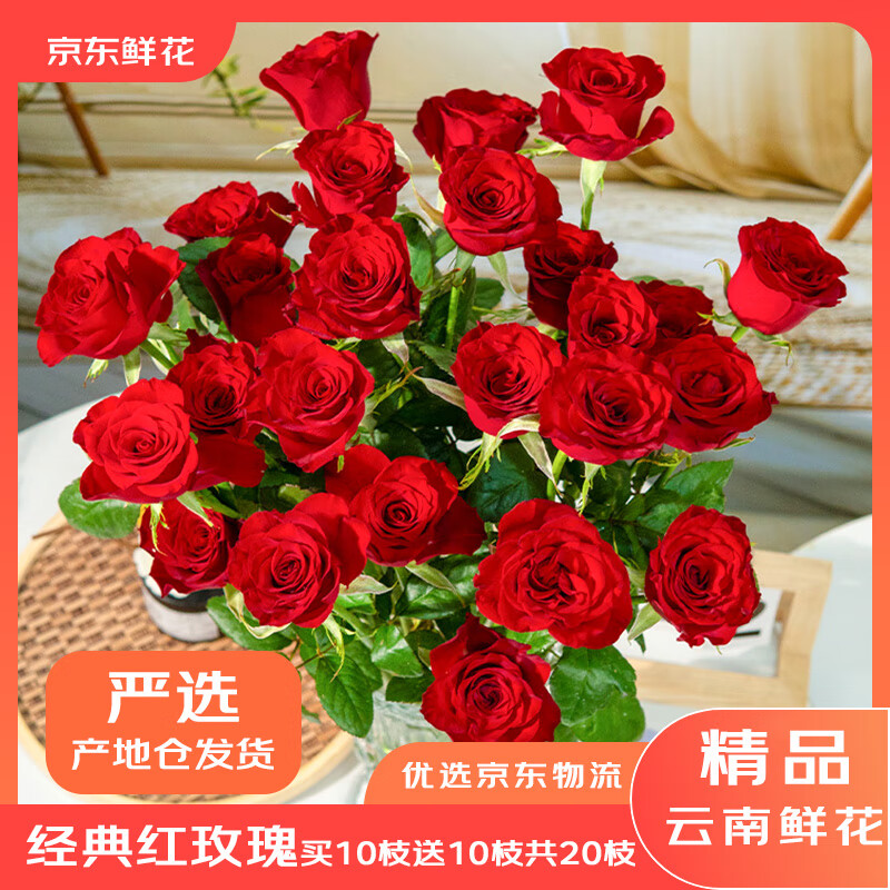 京东鲜花云南昆明基地直发20支红玫瑰花束鲜切花束鲜花生活鲜花源头直发