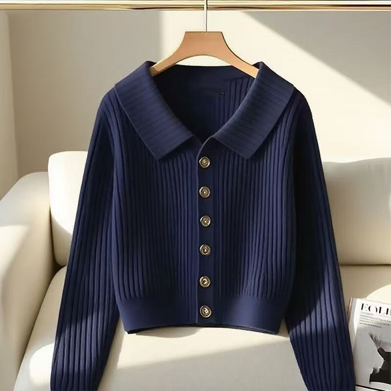 2025秋季新款温柔风小香风针织毛衣设计感翻领减龄长袖针织开衫女 藏青色 2XL 【建议130-140斤】