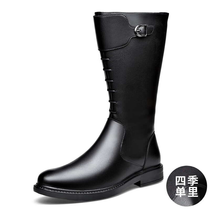珂紛（KEFEN）草原騎馬靴男男士高筒長(cháng)靴皮靴儀仗馬靴藏裝蒙古靴馬丁靴冬季 黑色四季平跟款 40