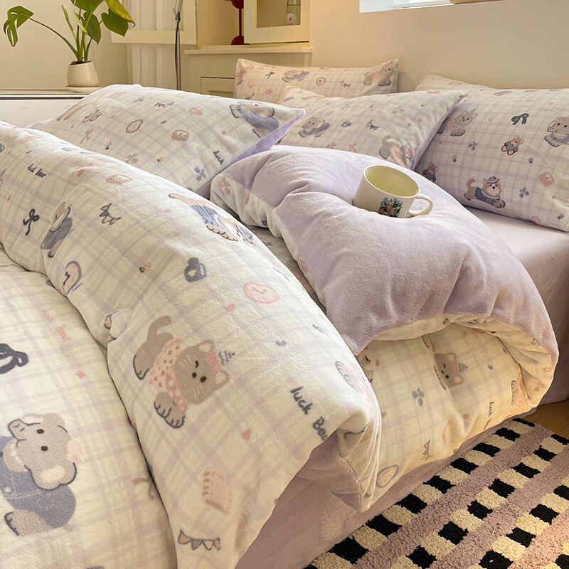 猫人（MiiOW）加厚小清新款牛奶绒床上四件套加绒珊瑚绒床单被套三件套宿舍床品 彩点小象-紫【厚实保暖】 1.8m 床笠款 四件套-200x230cm被套