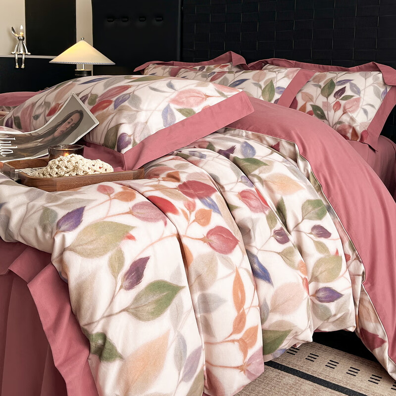 轩蓝仕长绒棉100s纯棉保暖拉绒磨毛四件套 植物印花双股全棉床品套件 景秋cy 床单款 1.8米床(被套200*230cm)