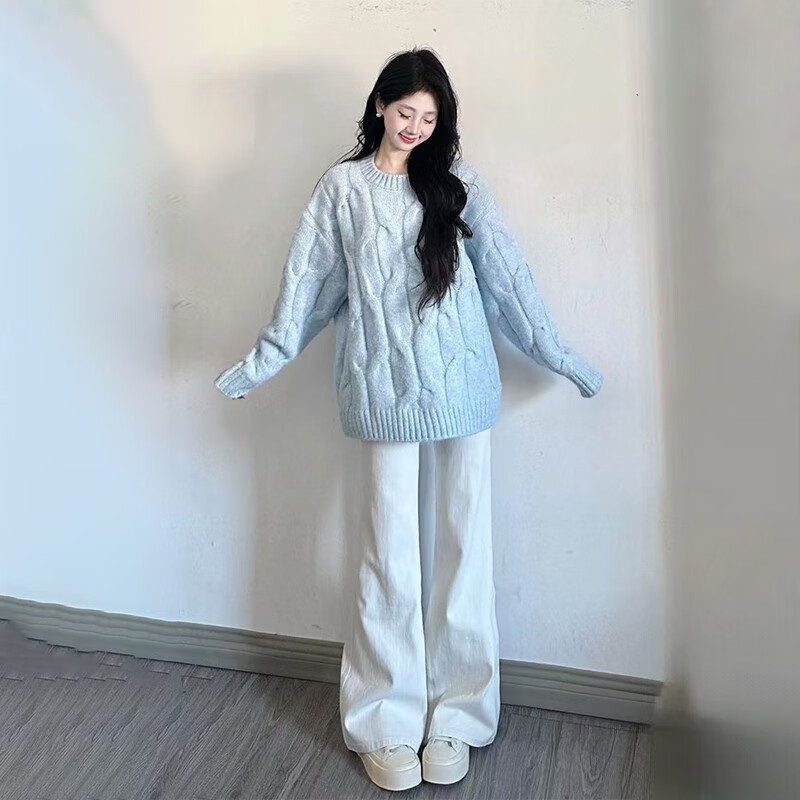 浪莎毛衣女秋冬2025年新款软糯针织衫慵懒风宽松套头休闲外穿圆领上衣 天蓝色 【软糯亲肤暖暖面料】 均码