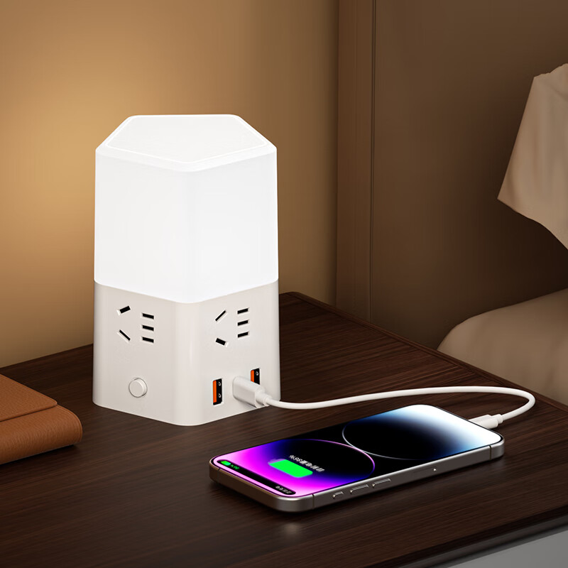 新款正品床头灯纯铜插座带小夜灯卧室喂奶灯多功能带USB接线板 五插位带3USB【带夜灯可三档调色】2.8米