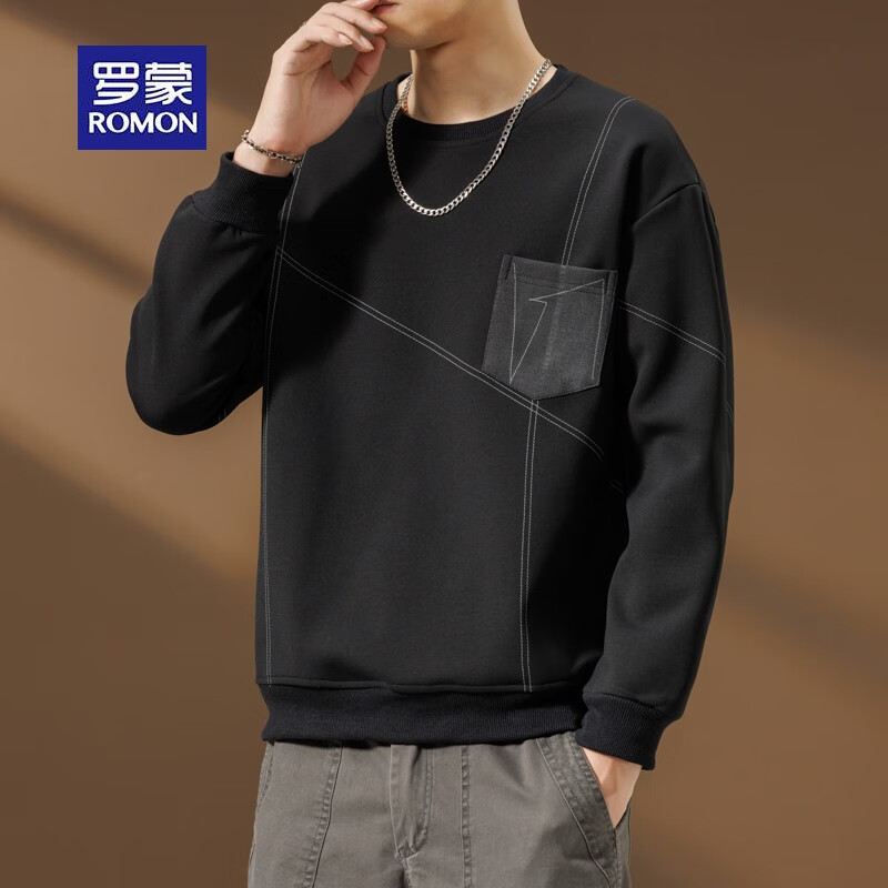 罗蒙（ROMON）卫衣男款秋冬季2025新款潮牌重磅棉感打底长袖t恤男装 黑 XL