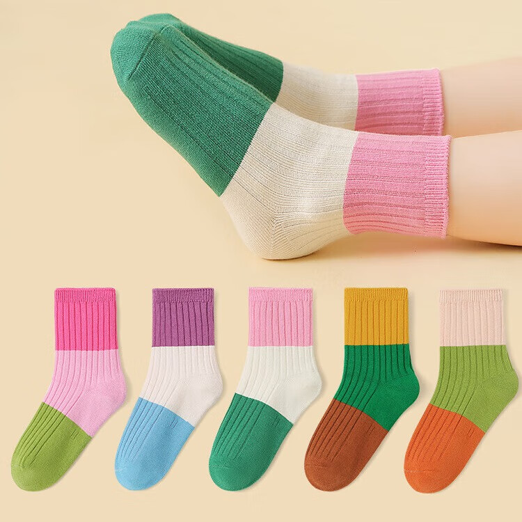 六指鼠男童女童袜子秋冬潮ins女宝宝厚棉袜公主中筒小男孩中大童儿童袜 92A（双针三原色）女 5双 均码 建议4-6周岁(鞋码27-30码/袜标6-9岁)