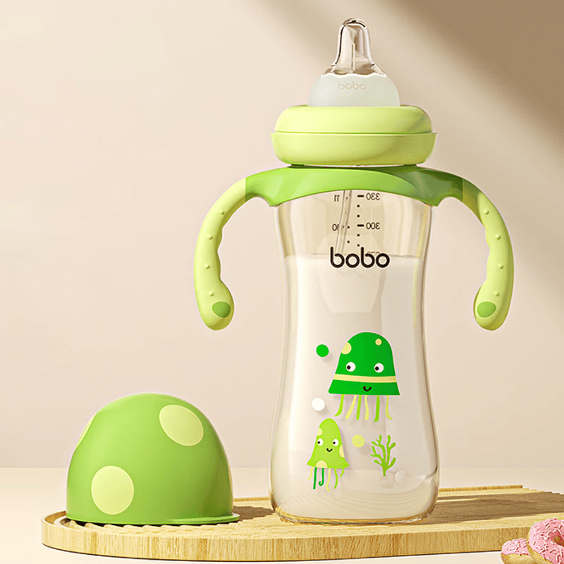 bobo宽口奶瓶新生儿吸管奶瓶婴儿6个月以上ppsu大宝宝奶瓶 绿色 330ml带LL号【9-12月】