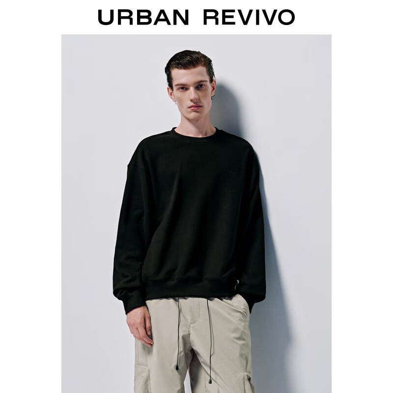 UR2025冬季新款男装简约休闲百搭纯色圆领卫衣UUY450038 正黑 M