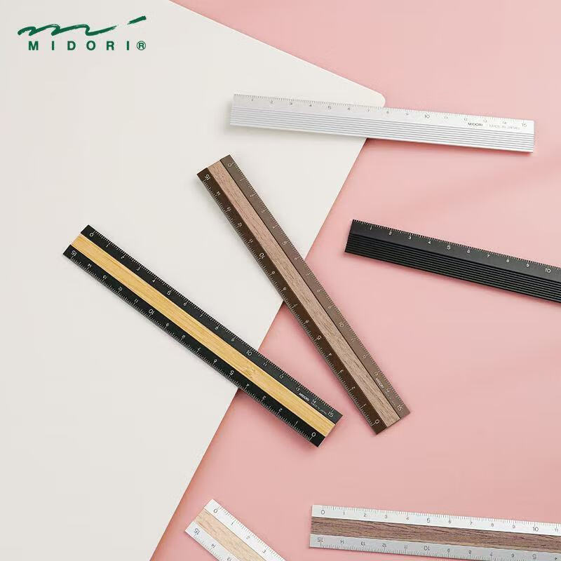 Midori日本Midori铝尺15cm激光刻度不褪色木嵌金属学生文具 全铝-银色 15cm