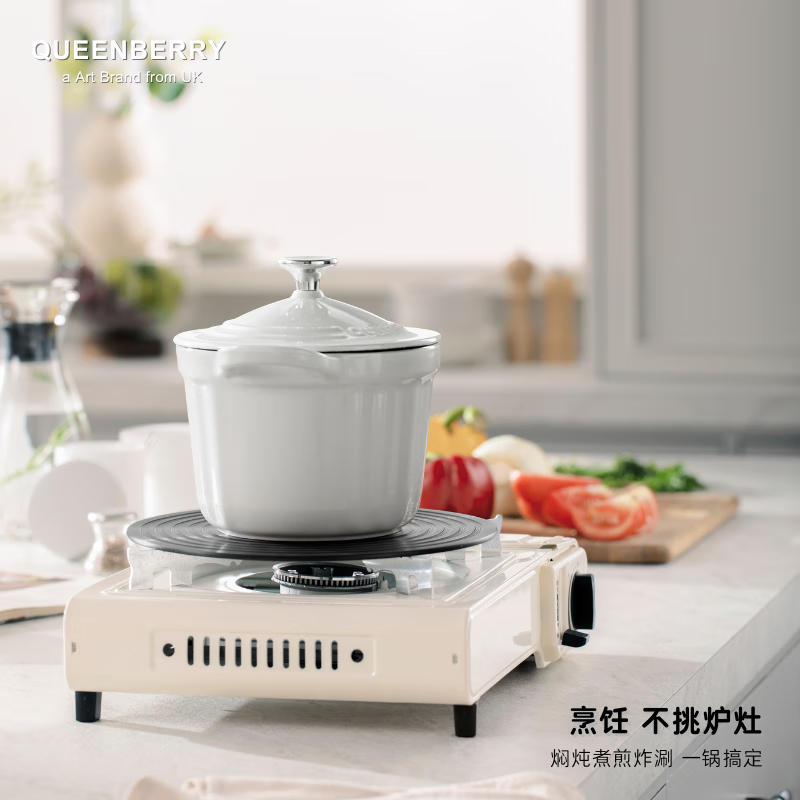 QUEENBERRY英国库白铸铁珐琅锅私人料理锅家用炖锅厨房汤锅北欧平底饭釜锅 「2-3人食」料理锅-雪顶白 16cm