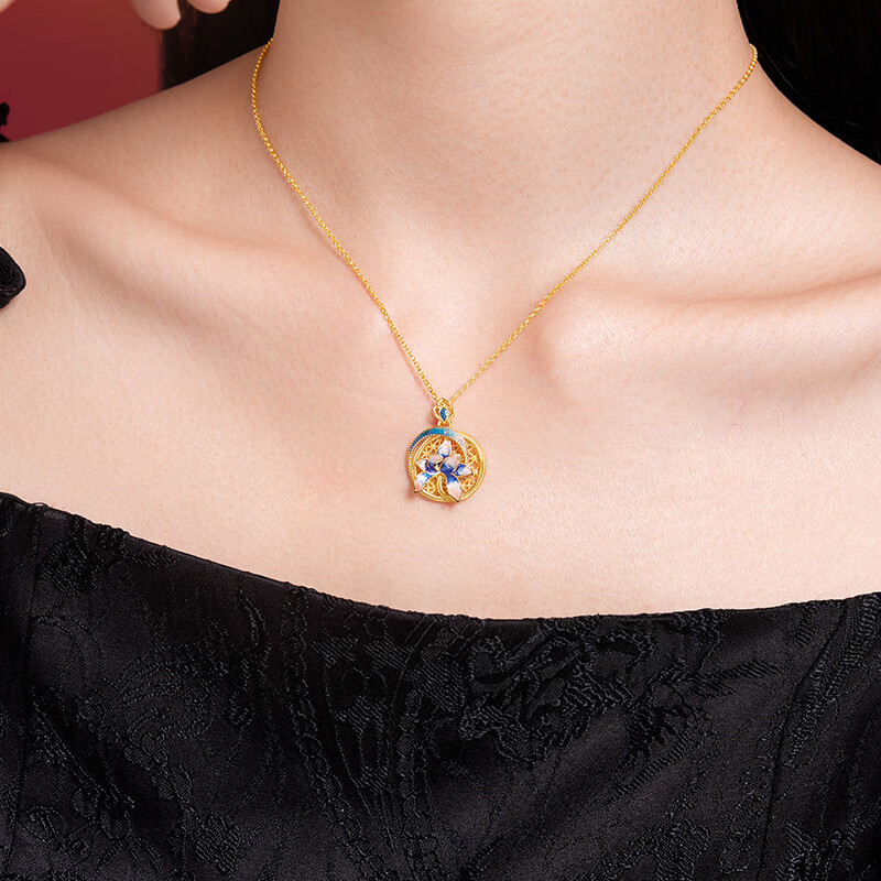 六桂福珠宝S925银黄金色项链女晚塘月色莲花套链锁骨链送女生生日礼物 链长40cm+4cm