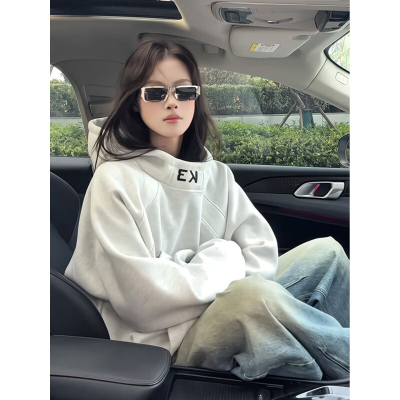 POUM白花灰高领连帽卫衣男士秋冬美式拼接刺绣外套休闲宽松情侣帽衫 BCYMG-Y41藏青色 M