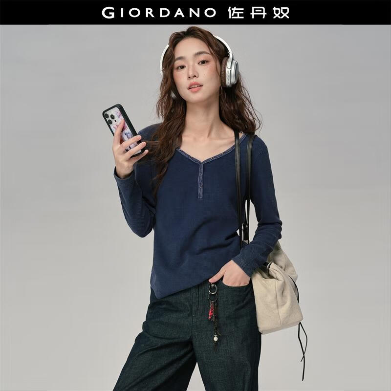 佐丹奴[卢正义明星款]亨利领长袖T恤女新款华夫格亨利衫18325920 06牛仔原色 XL