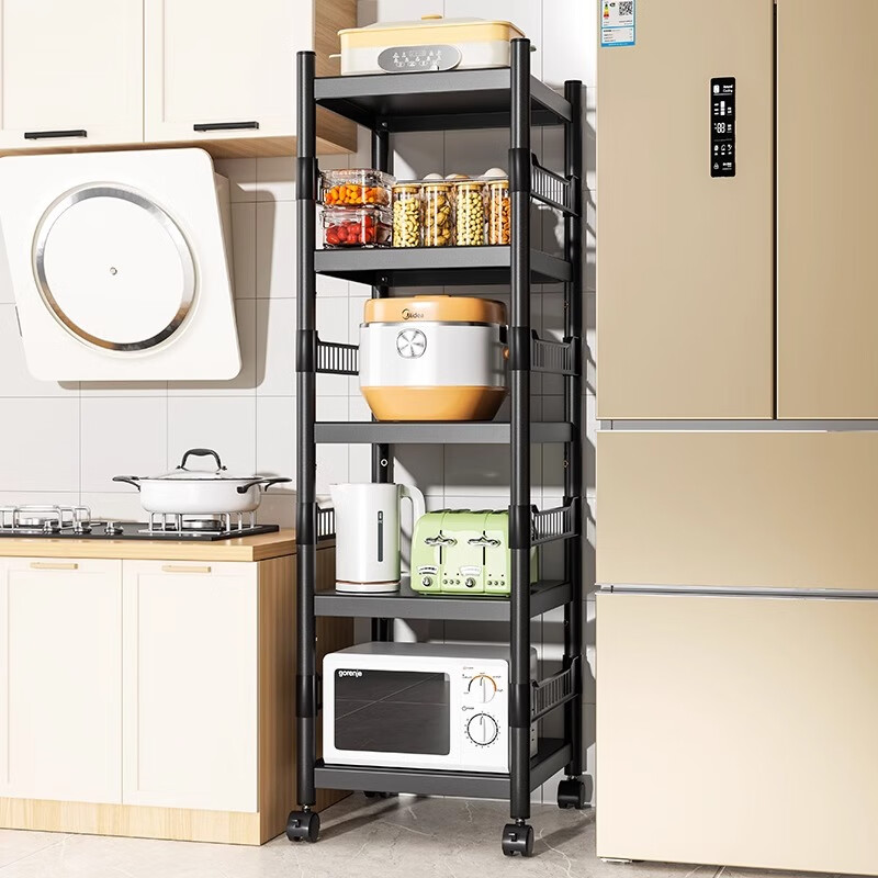 妮幼厨房置物架落地夹缝多层多功能围栏收纳架微波炉窄架子家用储物架 护栏三层【37*40*80CM+可移动滑轮】