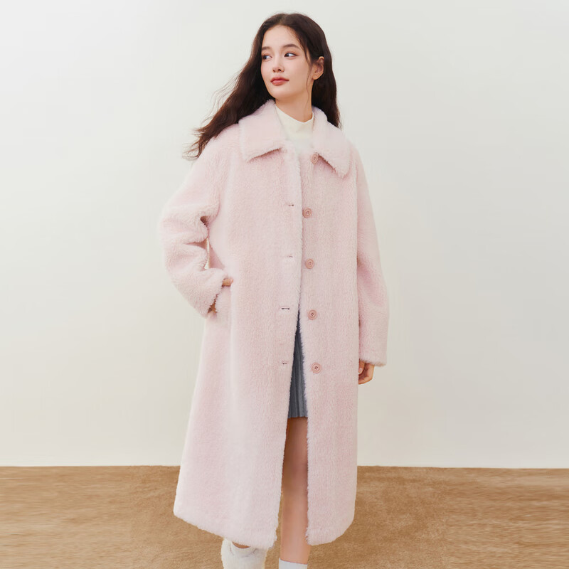 乐町甜美仿羊羔毛颗粒长款外套 棉花糖粉(现货) L