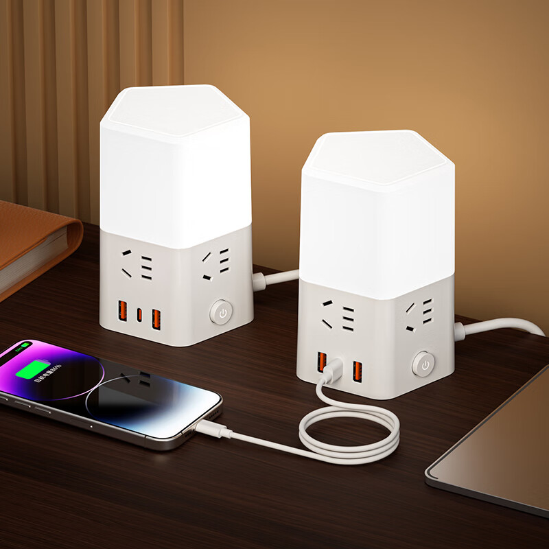 新款正品床头灯纯铜插座带小夜灯卧室喂奶灯多功能带USB接线板 五插位带3USB【带夜灯可三档调色】2.8米