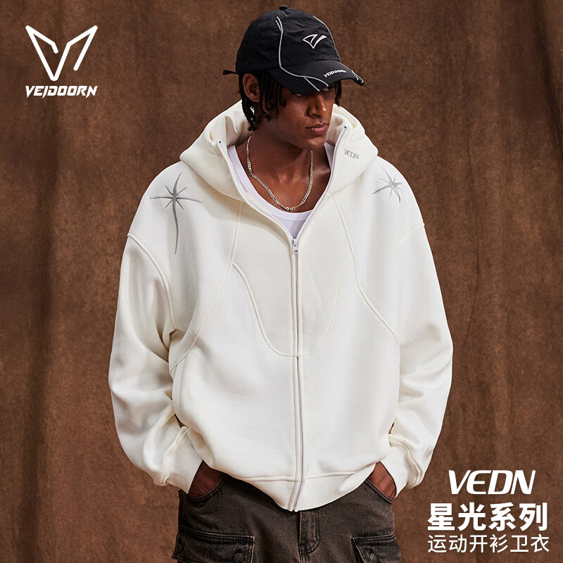 维动（VEIDOORN）星光系列连帽拼接卫衣时尚百搭美式潮男女秋高街复古宽松运动长袖 星光白 L