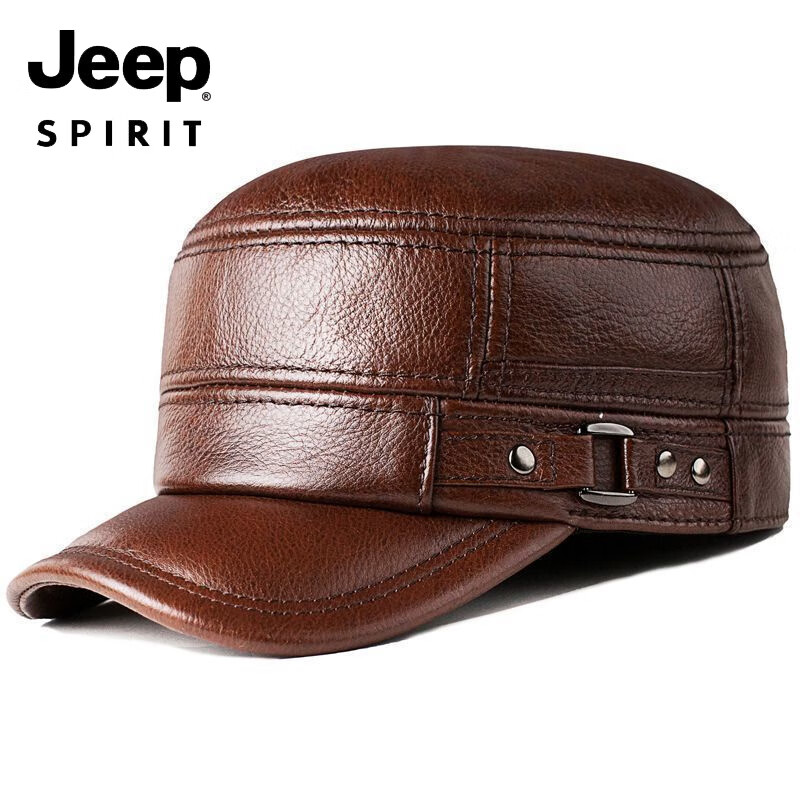 JEEP男士帽子牛皮鸭舌帽中老年人秋冬季冬天皮帽名牌男帽豪华 加护耳2025新款黑色牛皮 均码 质保可调节款