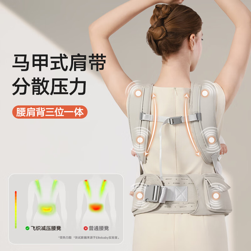 ELLE BABY婴儿腰凳背带轻便四季多功能宝宝抱娃神器前抱式外出冬 Fly Kint悬浮腰凳【飞织面料】-银月灰
