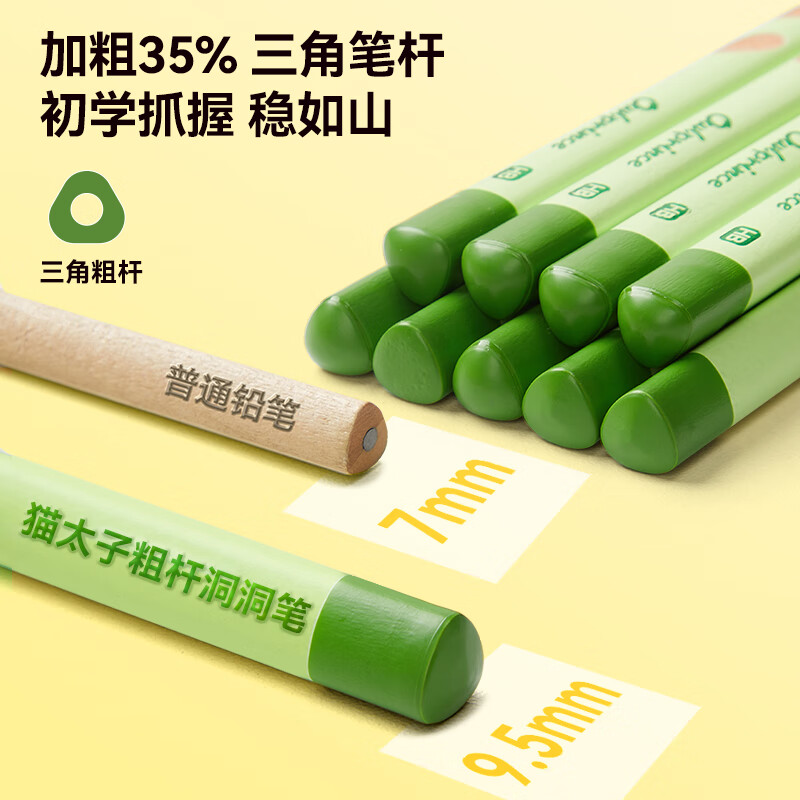 猫太子小绿杆加大号洞洞铅笔幼儿园小学生专用一二年级儿童矫正握姿加粗杆洞洞笔大三角无毒初学者HB2B HB 单色10支