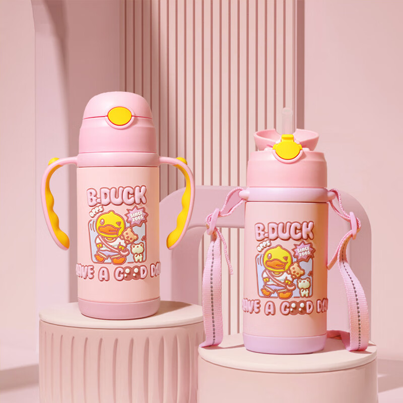 B.Duck小黄鸭保温杯儿童1-3岁吸管杯316不锈钢儿童水杯水壶婴幼儿保温杯 樱花粉小黄鸭 420ml