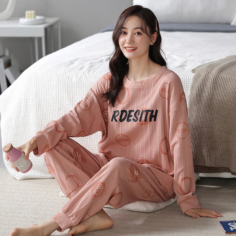 松山棉店春秋季睡衣女款純棉學生可愛大碼長袖寬松套裝夏冬天家居服可外穿 Y69925 M (建議75-95斤)