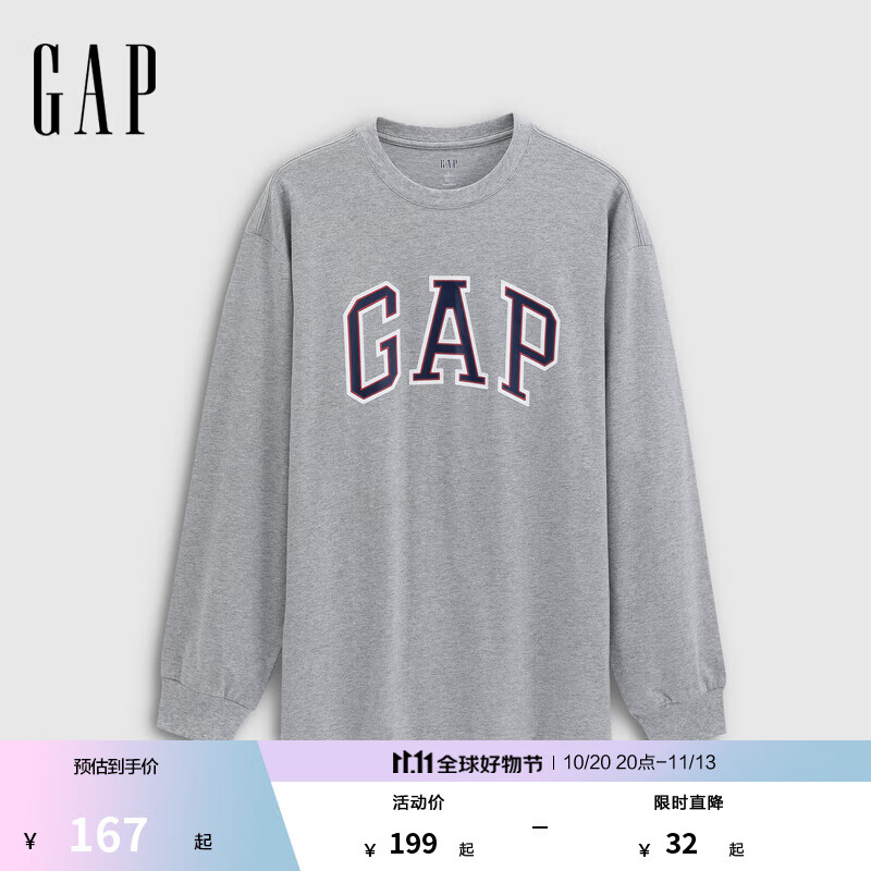 GAP男女装2025秋季新款字母logo圆领纯棉长袖T恤宽松上衣788456 浅灰色 L (175/96A) 亚洲尺码