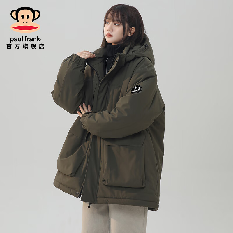 大嘴猴（paul frank）加厚工装棉服男秋冬季新款潮牌保暖外套宽松休闲棉袄百搭连帽棉衣 军绿色 【防寒保暖】 M 【建议100-120斤】