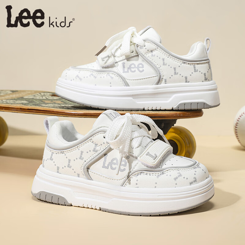 Lee童鞋儿童运动鞋【魔术贴小白鞋】春季校园透气男女童休闲板鞋 米白 28 【建议脚长174mm】