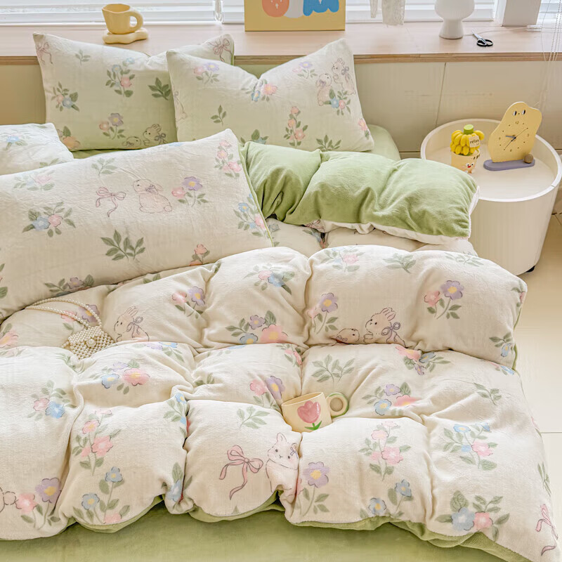 软贝小清新牛奶绒床上四件套保暖毛绒床单被套学生宿舍秋冬款三件套 绿意盎然 床单款 2.0m  被套200*230cm 四件套