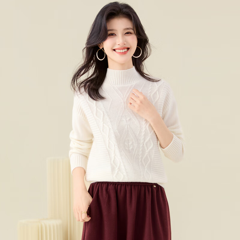金菊山羊绒100%纯羊绒衫25秋冬厚款保暖立体绞花谷波半高领套头毛衣女