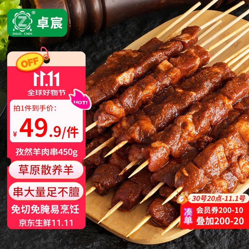 卓宸 内蒙羔羊孜然羊肉串450g 户外露营烧烤烤肉食材 生鲜 源头直发