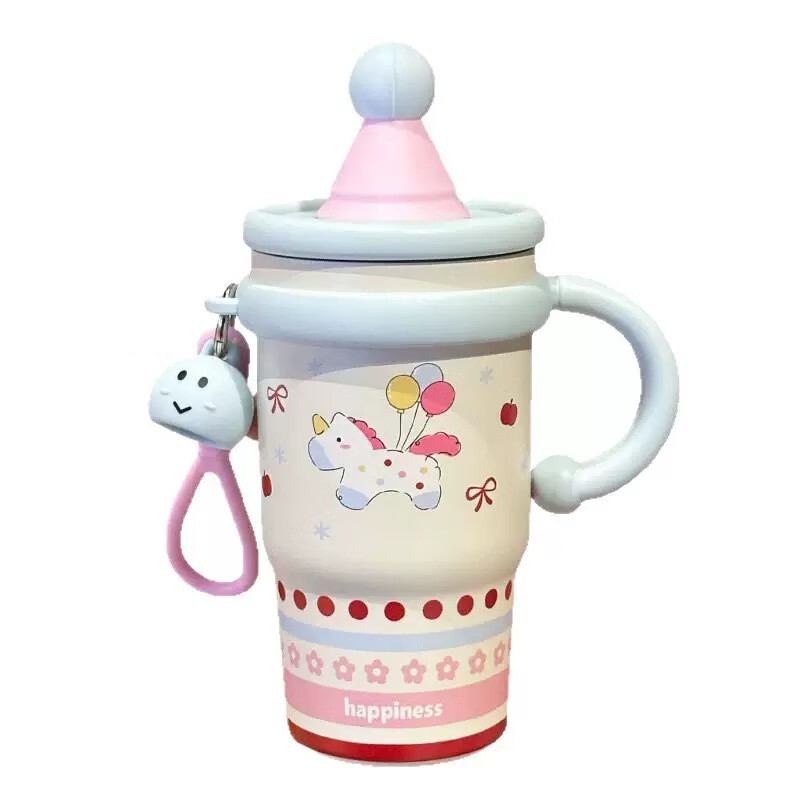 鸿迪可爱保温杯女生大容量高颜值办公室吸管水杯学生带把手冰霸杯子 黄色-小帽子冰霸杯 600ml 【316不锈钢+小挂件】