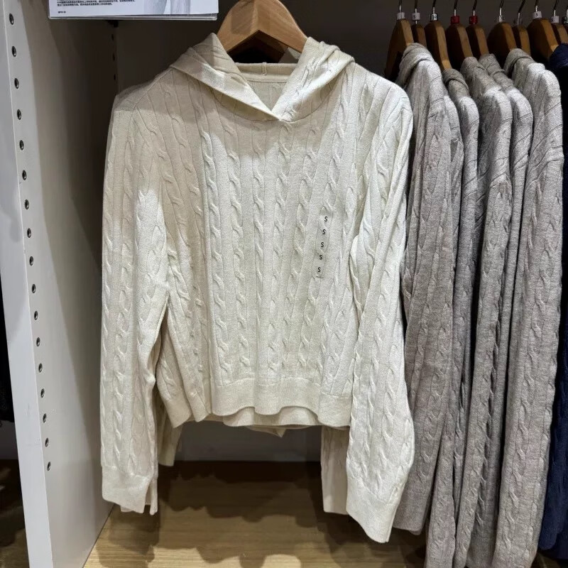 试衣间同款日单女装可机洗纽花针织衫连帽套头衫/25秋冬新款47887 乳白色 S