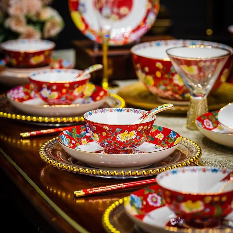 曼远景德镇珐琅彩餐具套装商用送礼物骨瓷家用米饭碗汤面碗高档礼品碗 虞美人富贵白 38件套