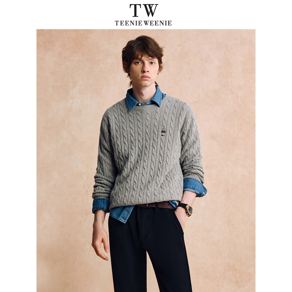Teenie Weenie小熊男装秋冬针织衫圆领绞花毛衣男女同款毛衣多巴胺穿搭秋装羊毛 灰色 L