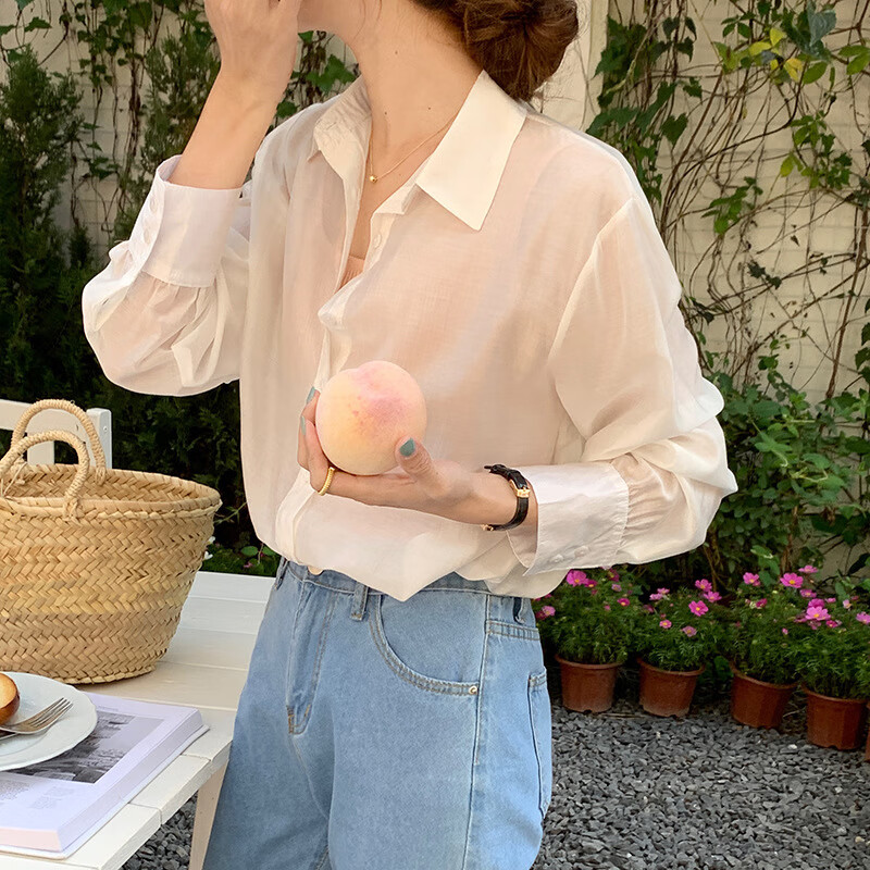 YX春夏季长袖休闲空调衬衫女慵懒风宽松小个子开衫衬衣外穿防晒衣 云蓝 L (110-140斤)