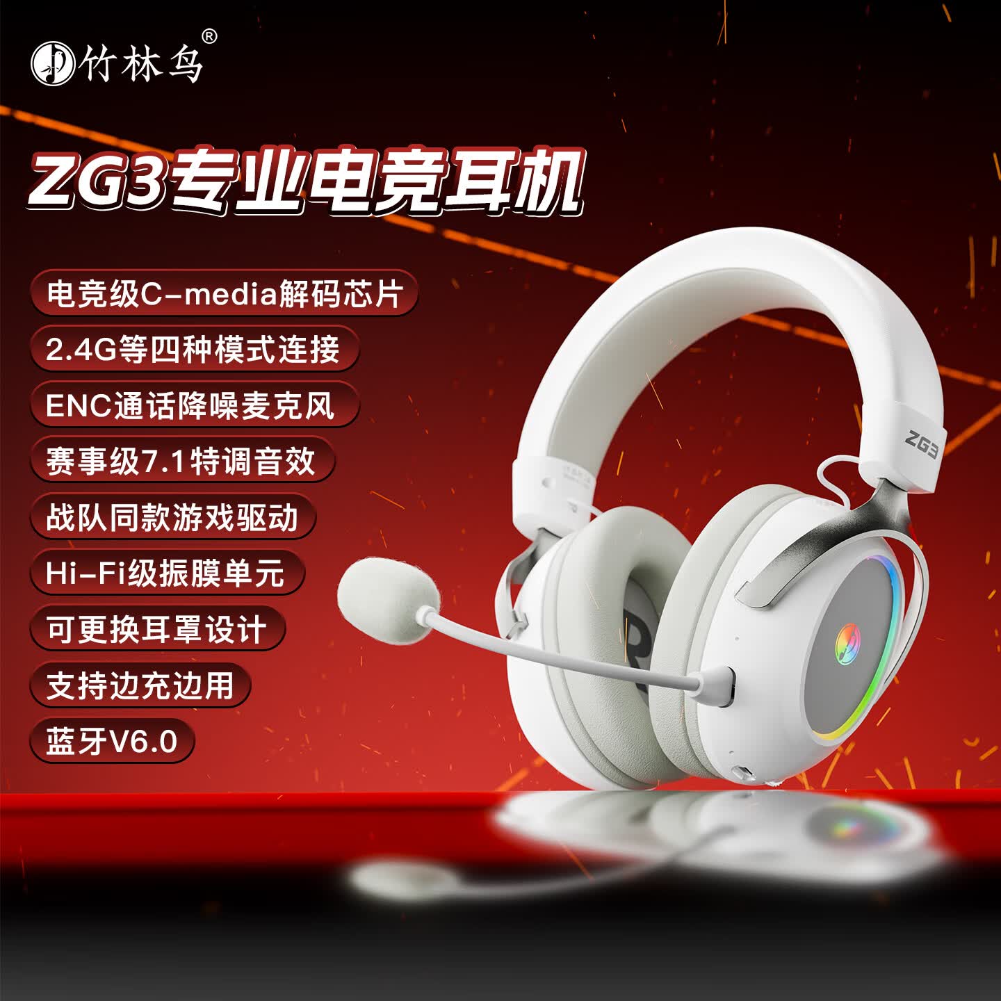 竹林鸟朱雀ZG3电竞游戏头戴式耳机四模7.1蓝牙无线2.4G电脑手游带麦驱动音效边充边用fps三角洲 白色