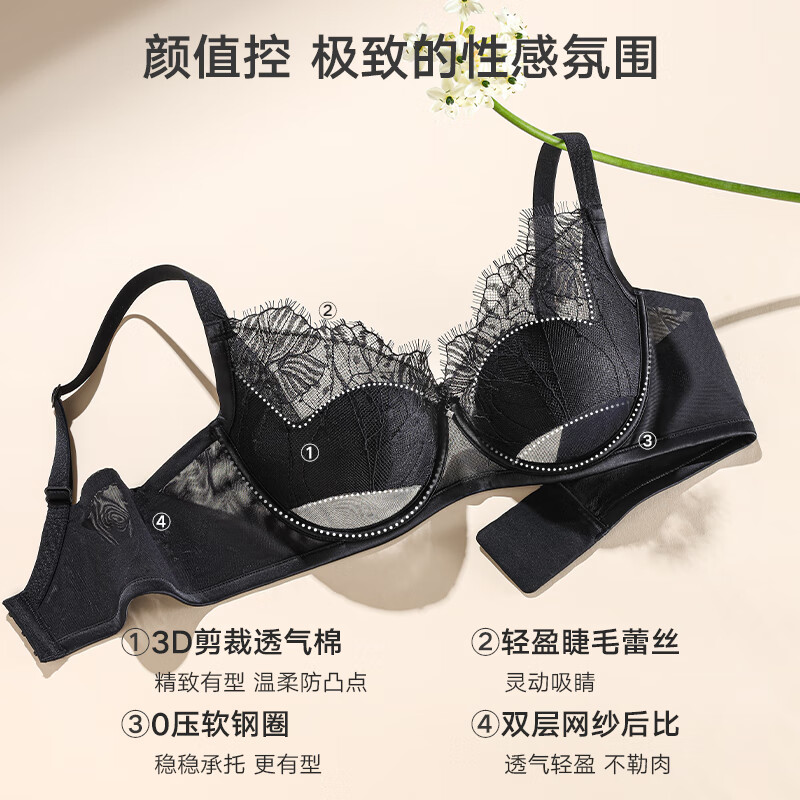 曼妮芬[吉赛尔·奢华睫毛蕾丝]性感单层围内衣女软钢圈防下垂显瘦文胸罩 午夜爵士 75B