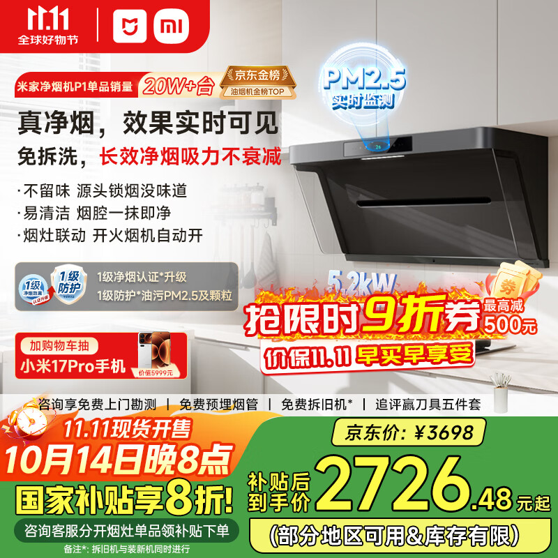 米家小米抽油烟机净烟机P1 家电国家补贴20%侧吸油烟机家用以旧换新天然气燃气灶MJ04CY【套装商品】	