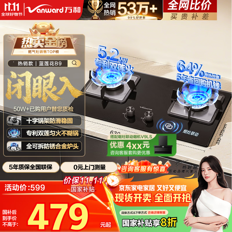 万和（Vanward）【蓝莲花B9·5.2kW】天然气燃气灶猛火烟灶联动以旧换新国家补贴20%嵌入式家用煤气双炉具台B9L50
