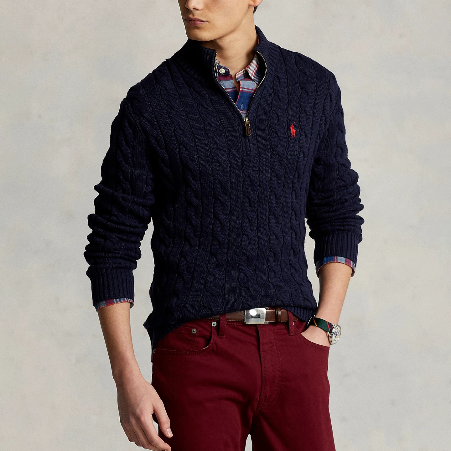马标拉尔夫劳伦保罗美国拉夫保罗polo针织衫毛衣羊毛衫男士麻花半高领拉链绞花老钱风 宝蓝 L 140-160斤