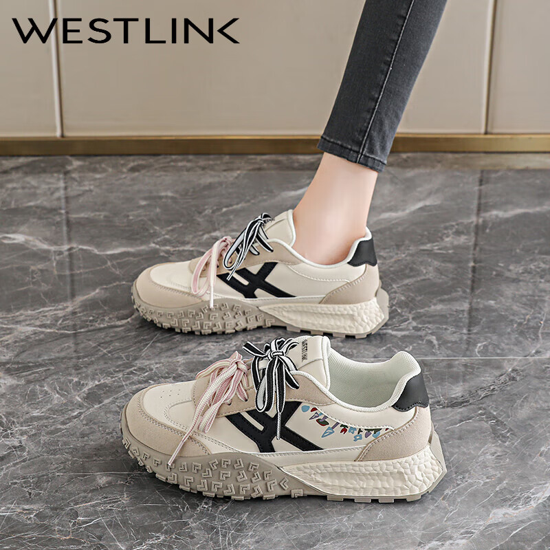 西遇（Westlink）厚底德训鞋女秋季舒适百搭休闲板鞋拼色增高小白鞋 黑色 37