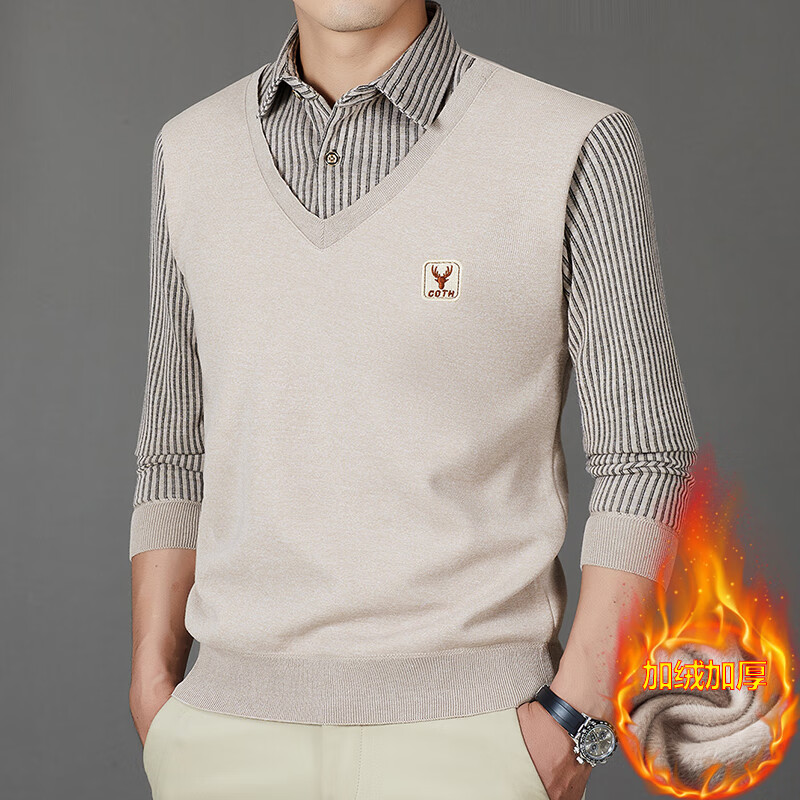 布卡澜琦男士秋冬假两件t恤商务休闲针织衫长袖加绒保暖T恤高级感条纹上衣 6712加绒卡其 L (建议110-130斤)